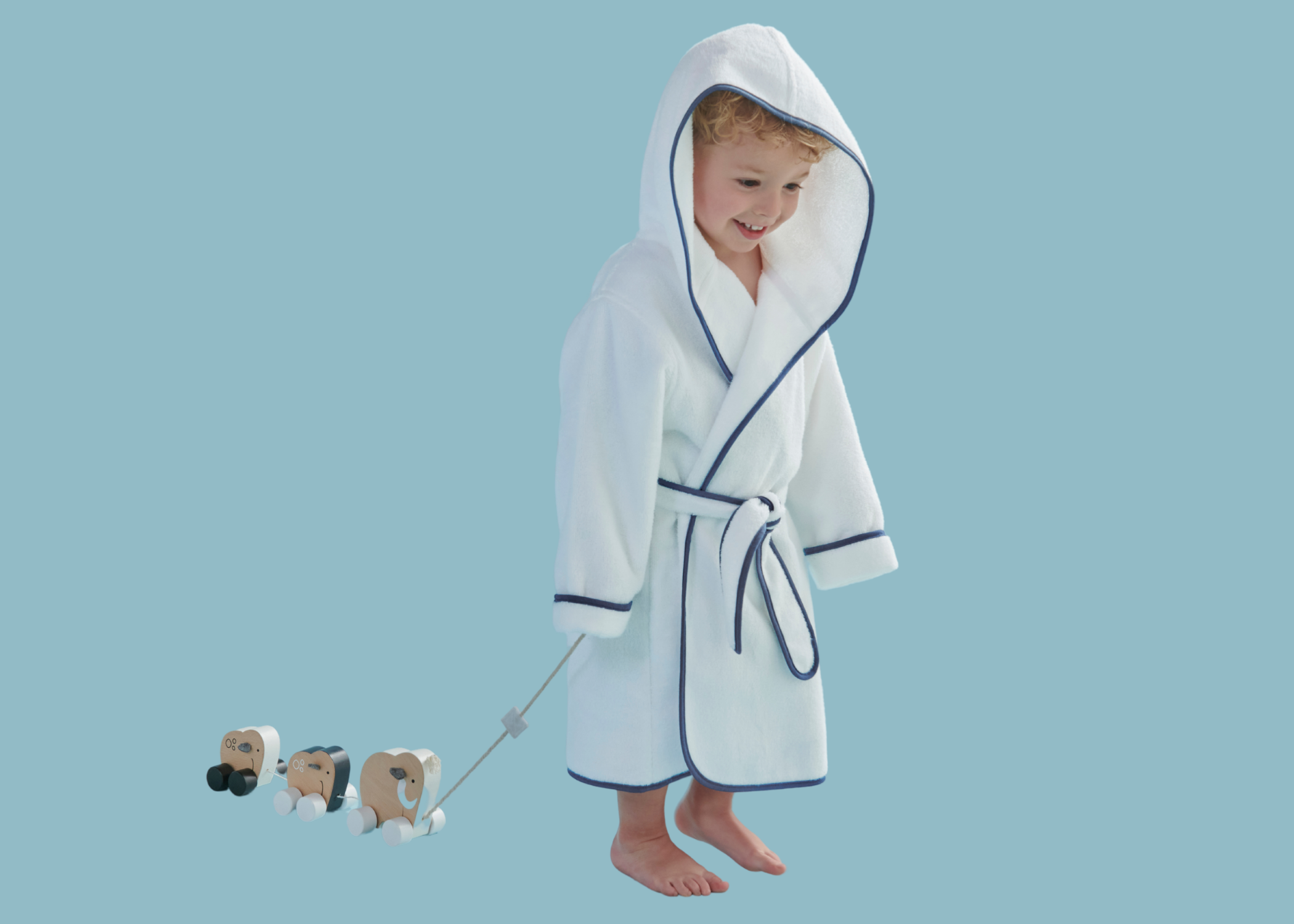 Christy "Mini Hooded" Bath Robe in White & Denim Blue