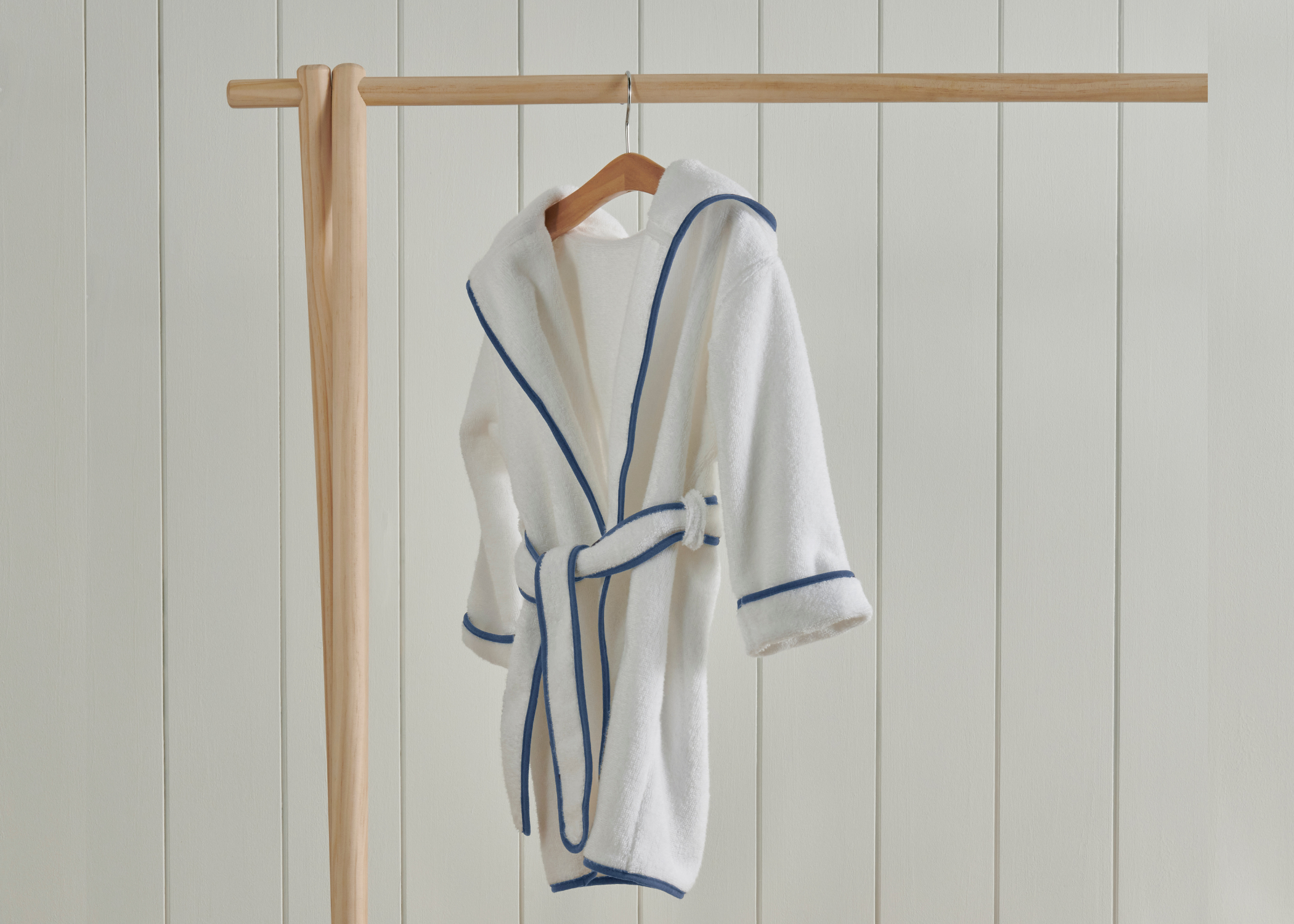 Christy "Mini Hooded" Bath Robe in White & Denim Blue