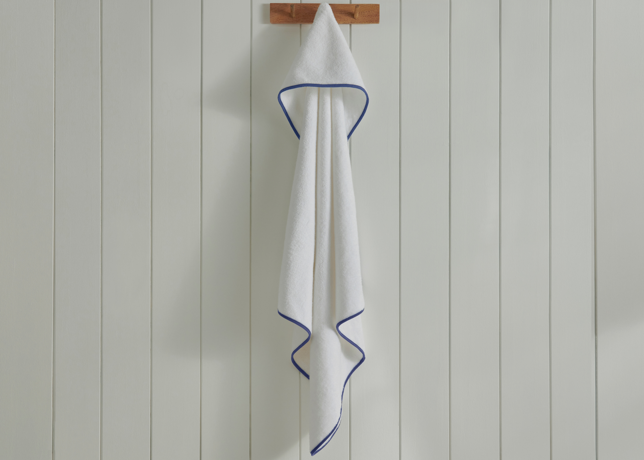 Christy "Mini Hooded" Bath Towel in White with Denim Blue Trim