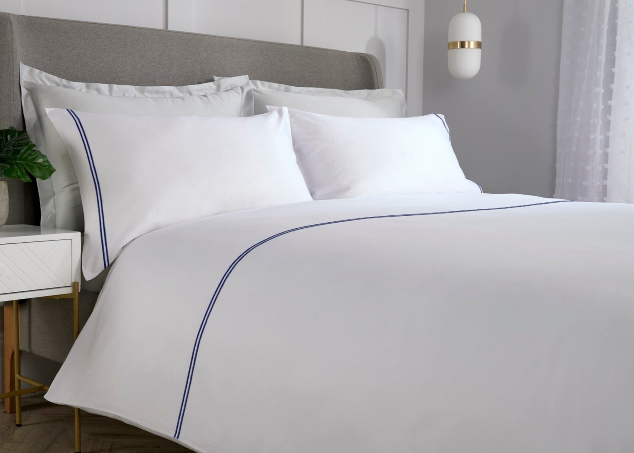 Christy "Franklin" Duvet Cover Sets in White with Navy (Blue) Embroidery