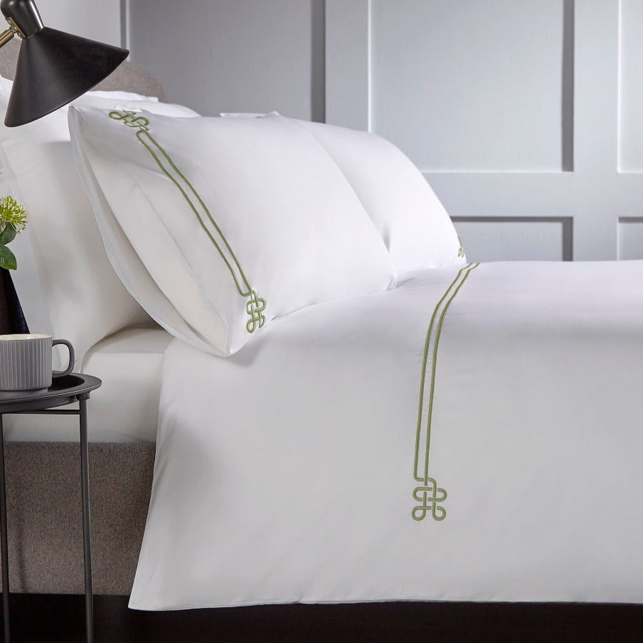 Christy "Fulton" Duvet Cover Sets in White with Sage Green Embroidery